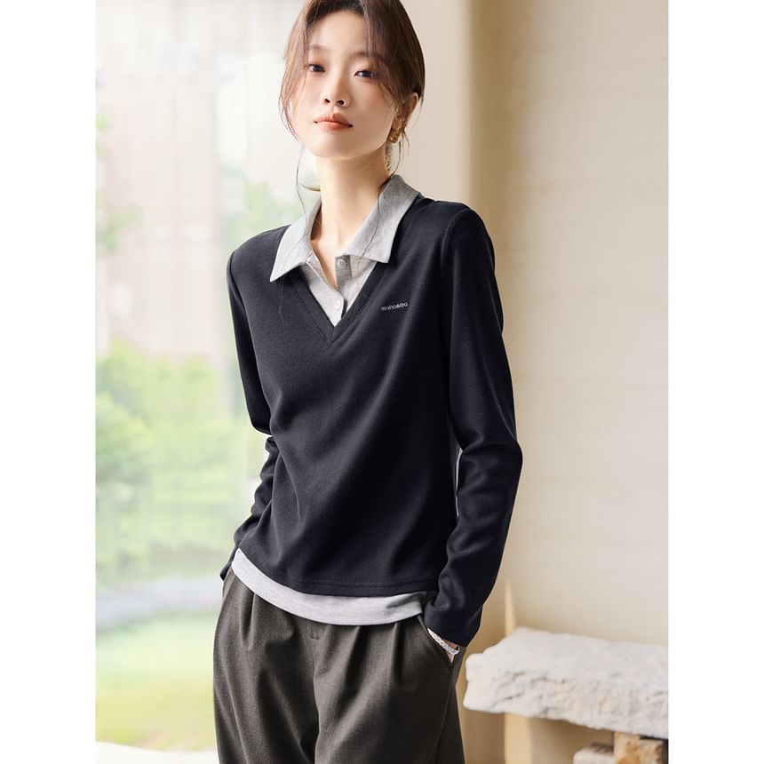 Two-Tone Collared Long-Sleeve Tee