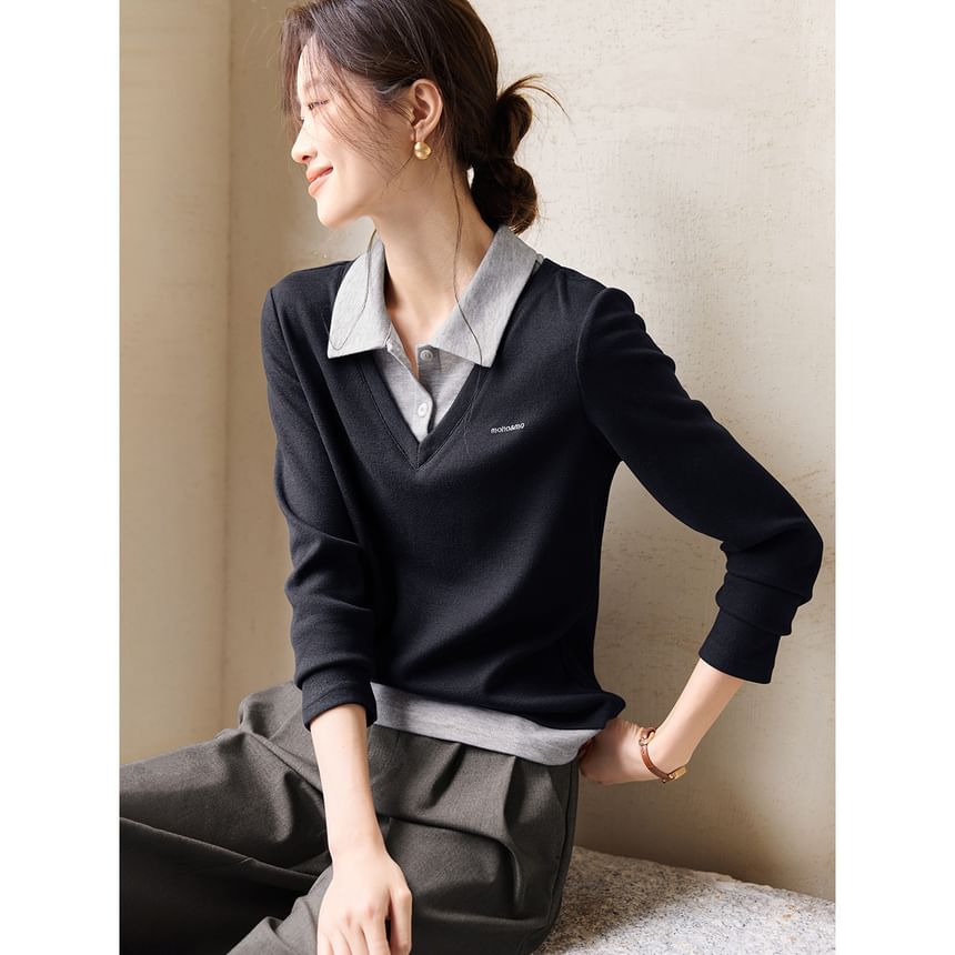 Two-Tone Collared Long-Sleeve Tee