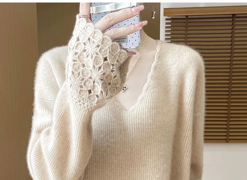 Crochet Panel V-Neck Sweater