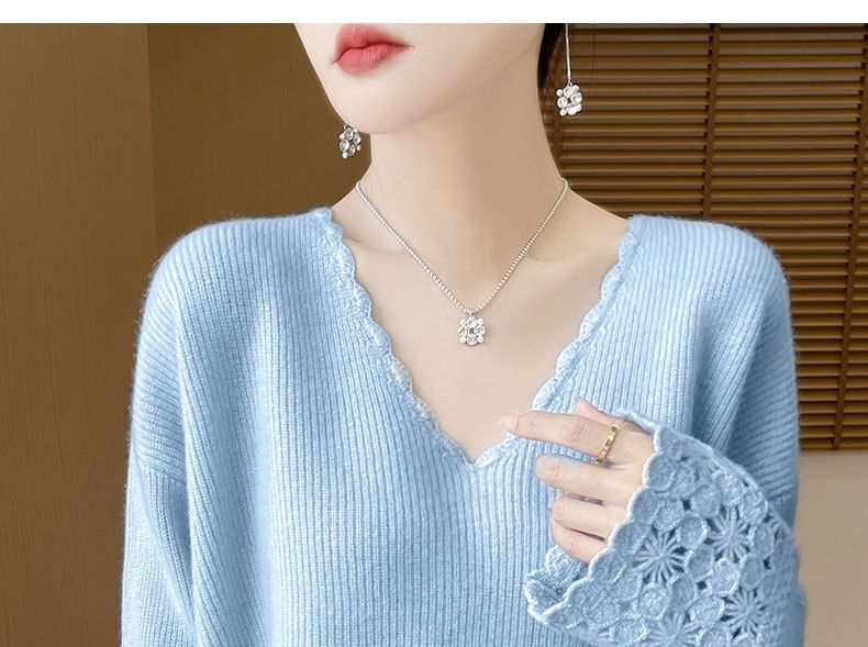 Crochet Panel V-Neck Sweater