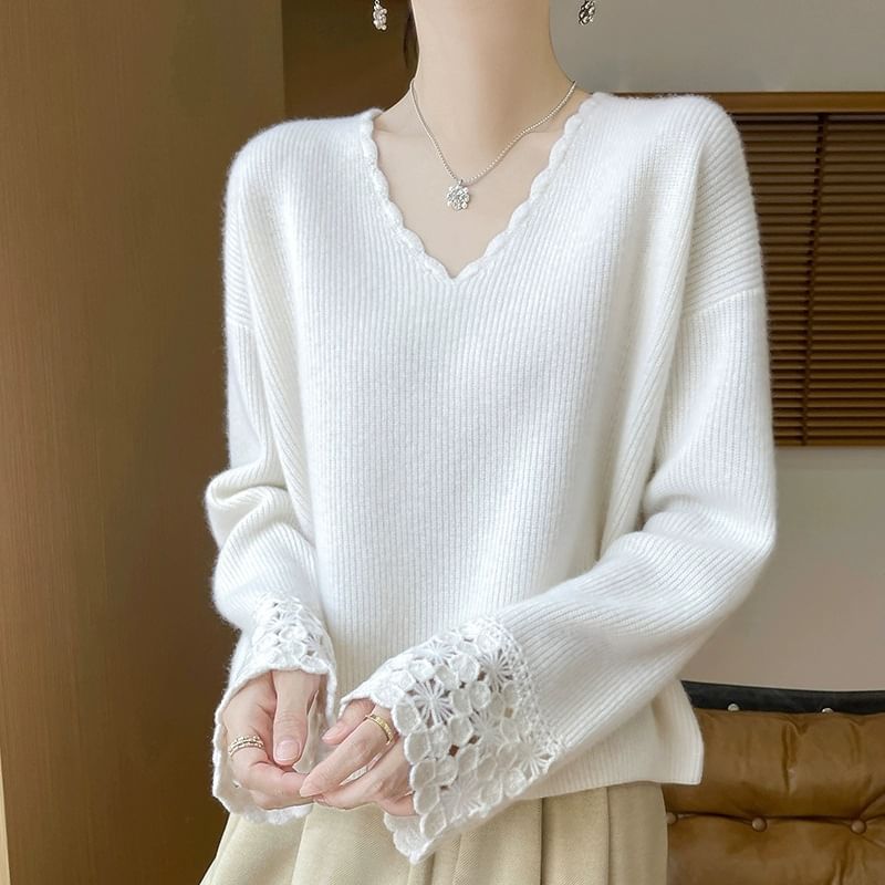 Crochet Panel V-Neck Sweater