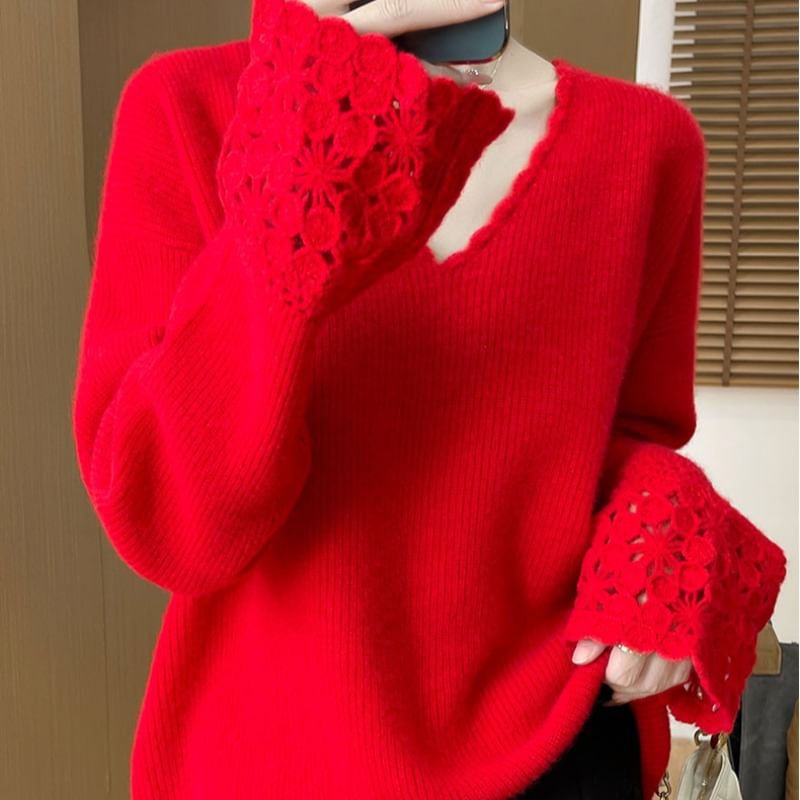 Crochet Panel V-Neck Sweater