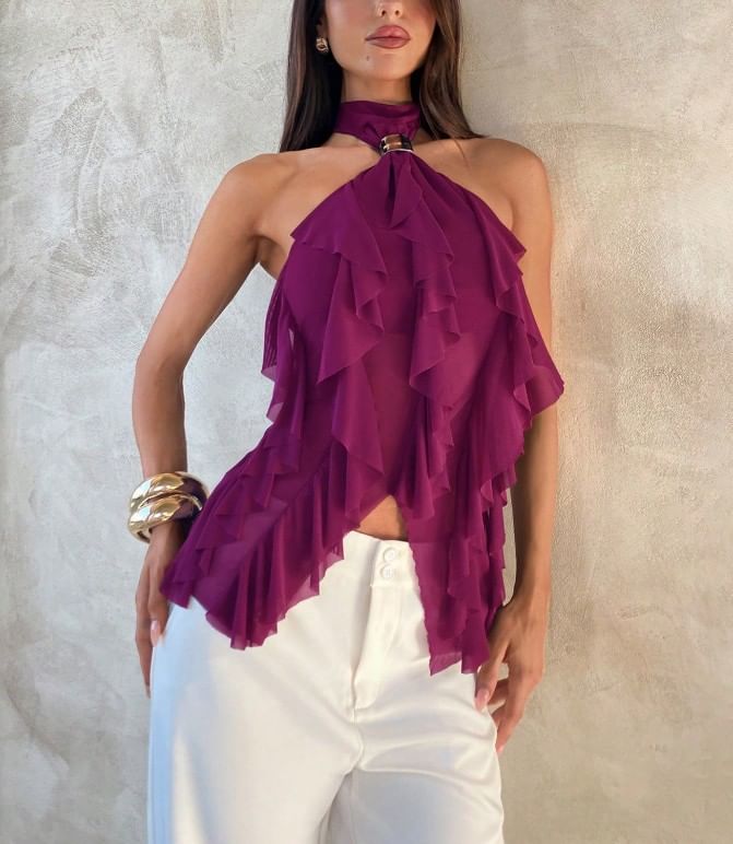 Ruffled Slim Tank with Halter Neck