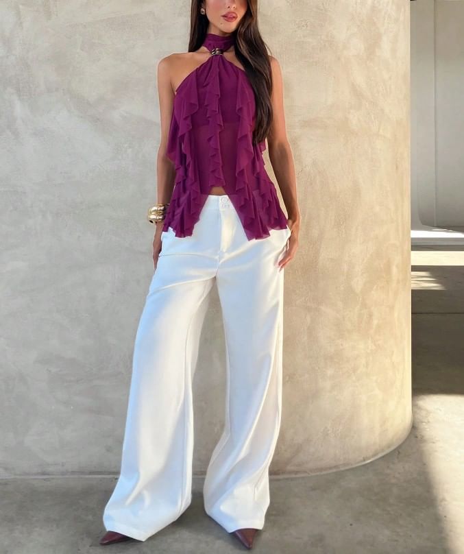 Ruffled Slim Tank with Halter Neck
