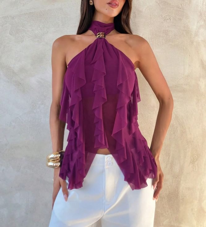 Ruffled Slim Tank with Halter Neck