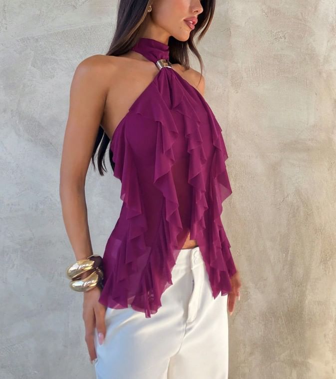 Ruffled Slim Tank with Halter Neck