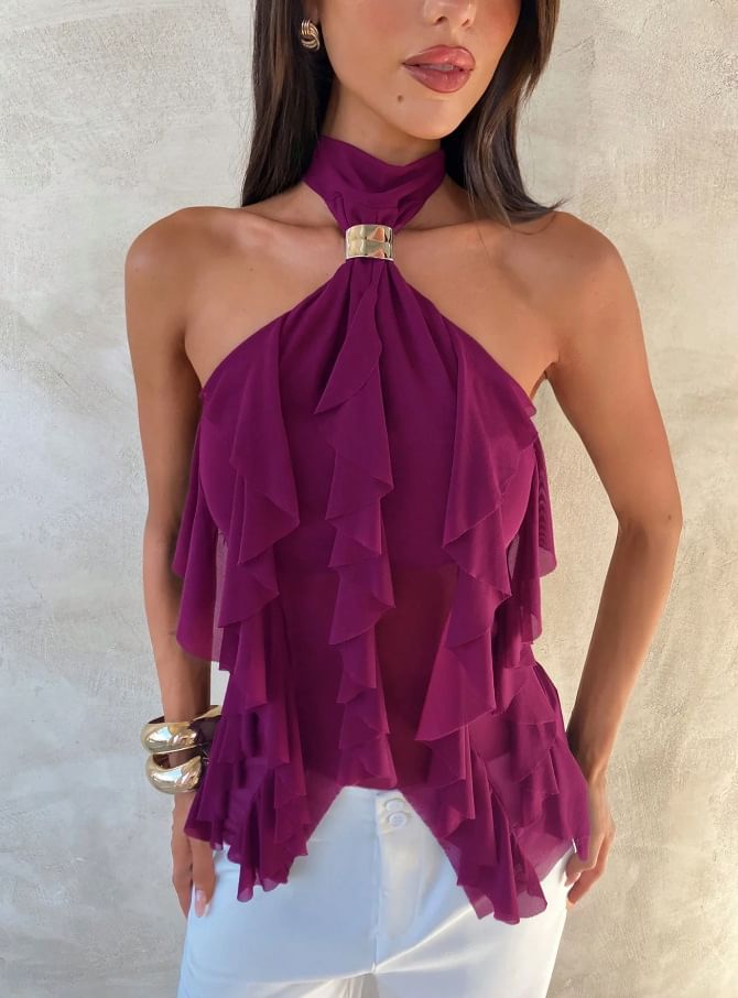 Ruffled Slim Tank with Halter Neck