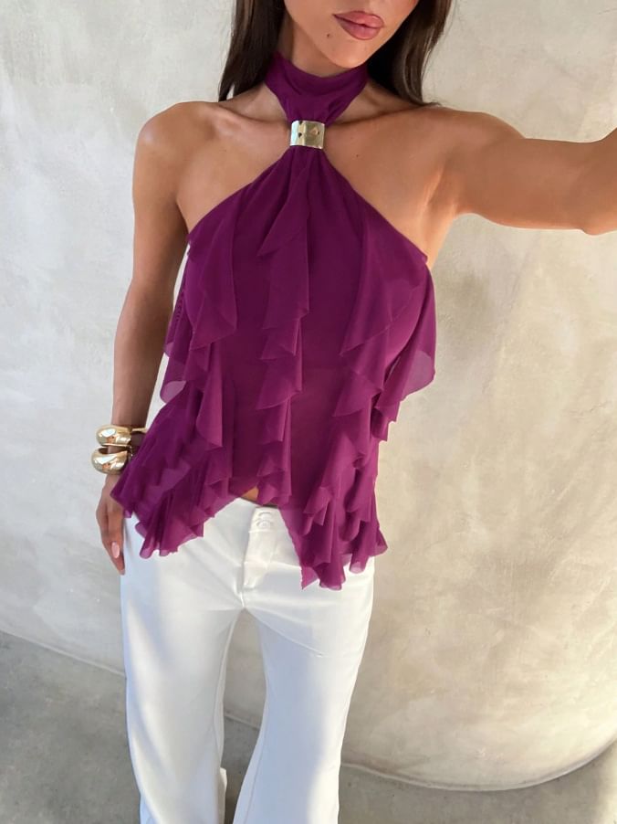 Ruffled Slim Tank with Halter Neck