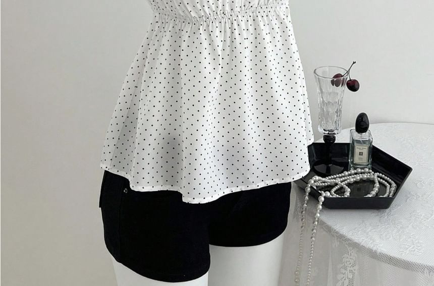 Dotted A-Line Blouse with Lace Trim