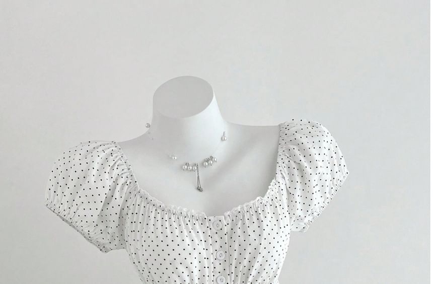 Dotted A-Line Blouse with Lace Trim