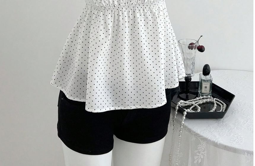 Dotted A-Line Blouse with Lace Trim