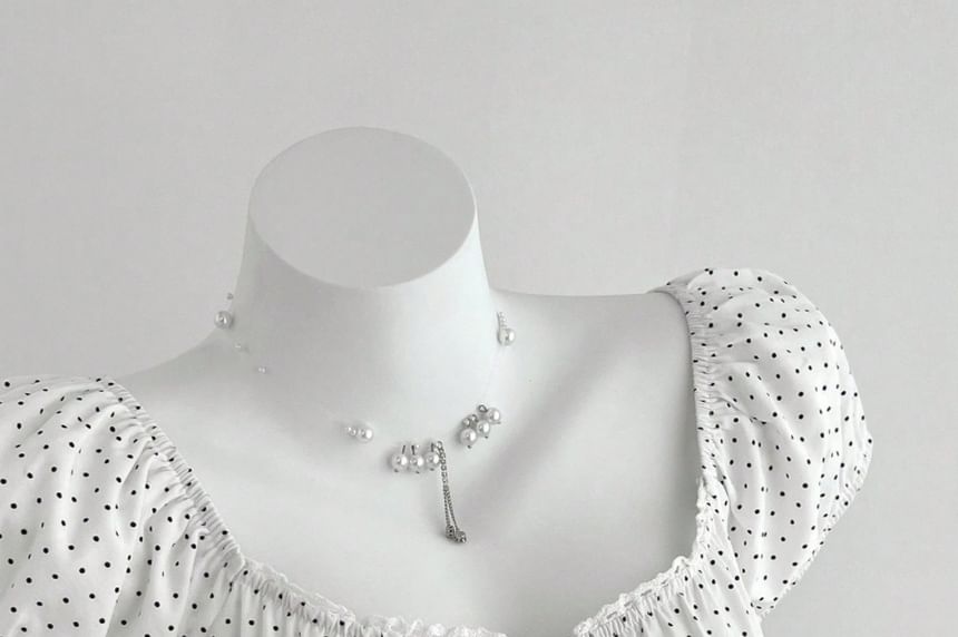Dotted A-Line Blouse with Lace Trim