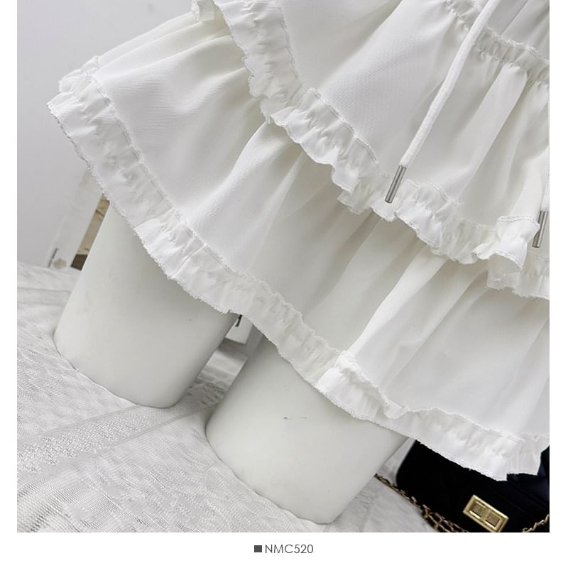 Drawstring Waist Plain Ruffle Mini A-Line Skirt