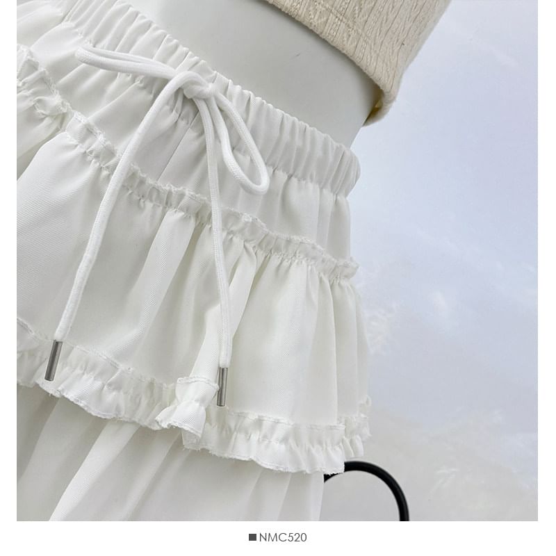 Drawstring Waist Plain Ruffle Mini A-Line Skirt