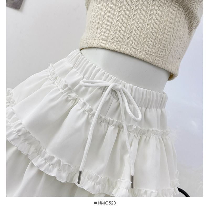 Drawstring Waist Plain Ruffle Mini A-Line Skirt