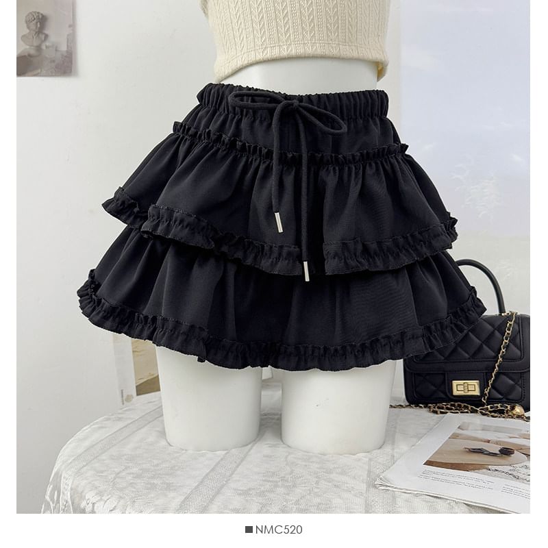 Drawstring Waist Plain Ruffle Mini A-Line Skirt