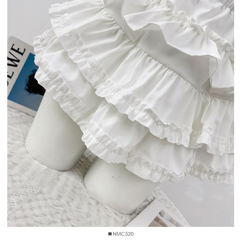 High Waist Plain Ruffle Mini A-Line Skirt