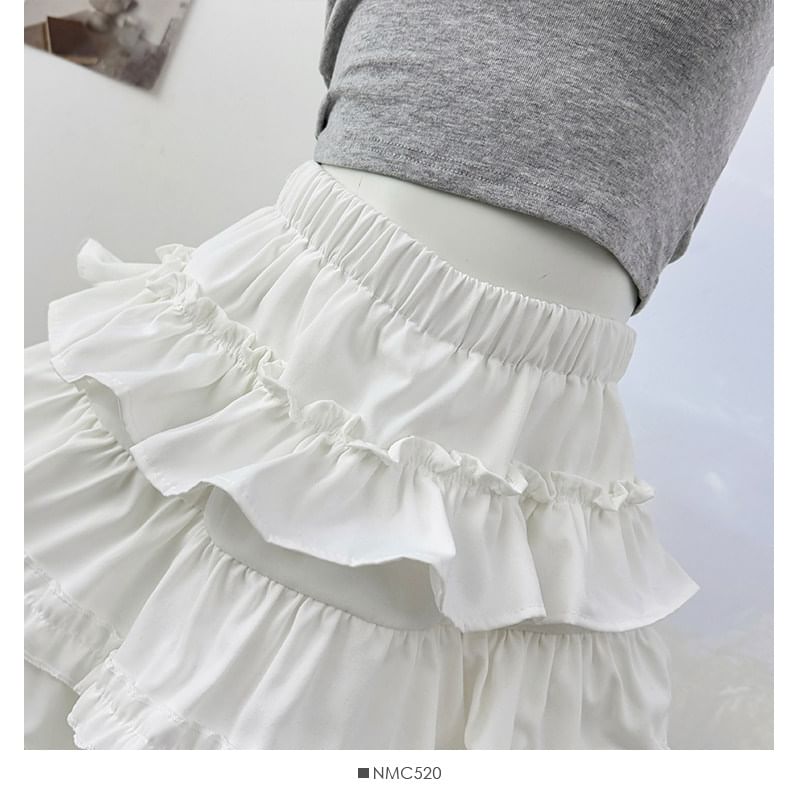 High Waist Plain Ruffle Mini A-Line Skirt
