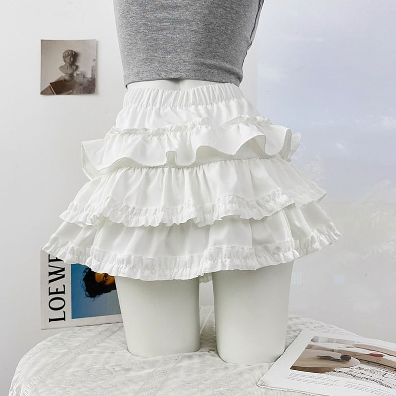 High Waist Plain Ruffle Mini A-Line Skirt