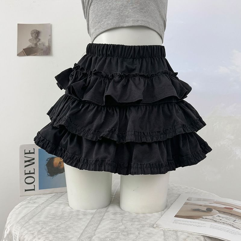 High Waist Plain Ruffle Mini A-Line Skirt