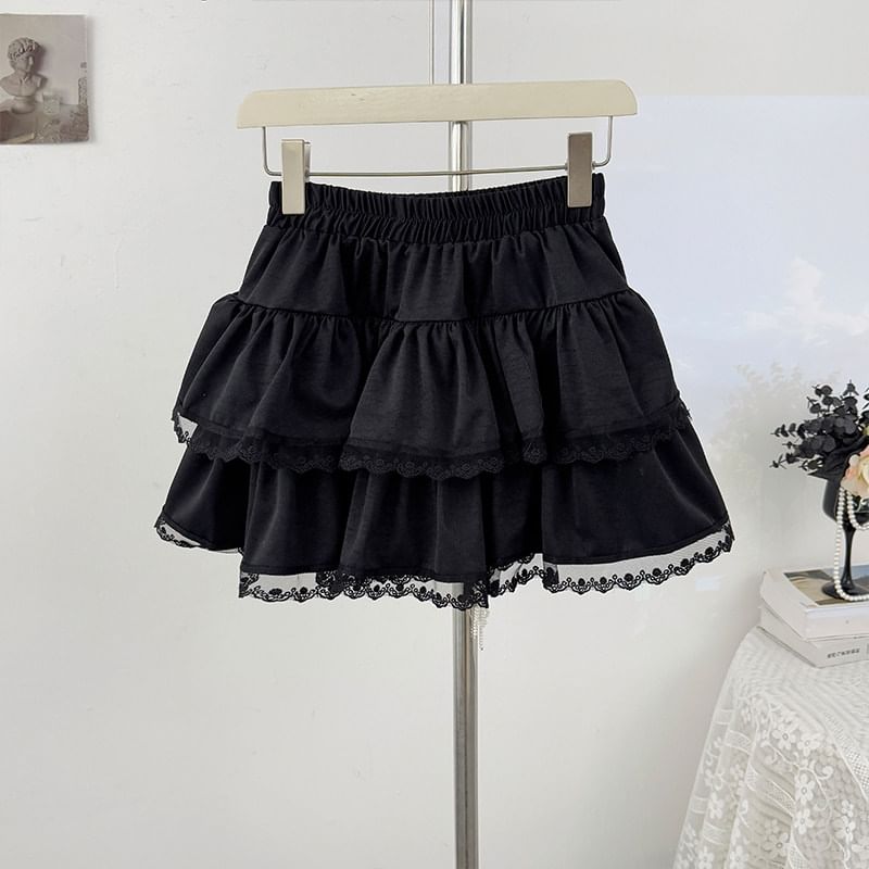 Elastic Waist Plain Lace Trim Tiered Mini A-Line Skirt