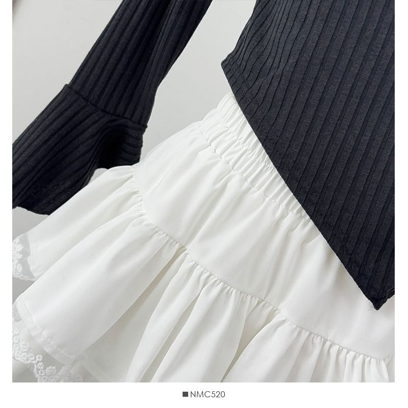 Elastic Waist Plain Lace Trim Tiered Mini A-Line Skirt