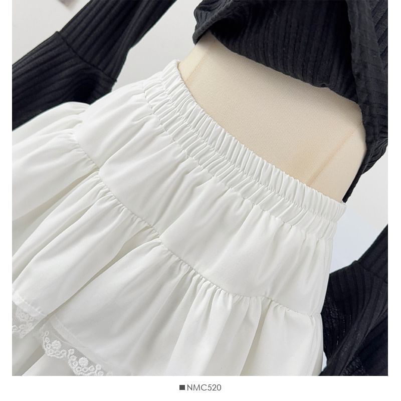 Elastic Waist Plain Lace Trim Tiered Mini A-Line Skirt