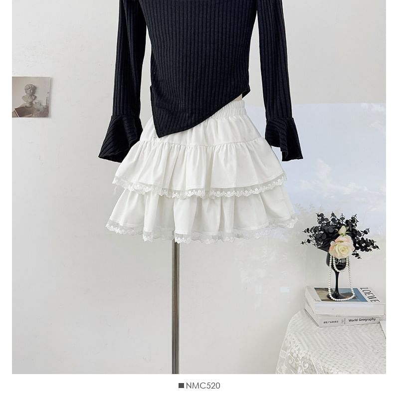 Elastic Waist Plain Lace Trim Tiered Mini A-Line Skirt