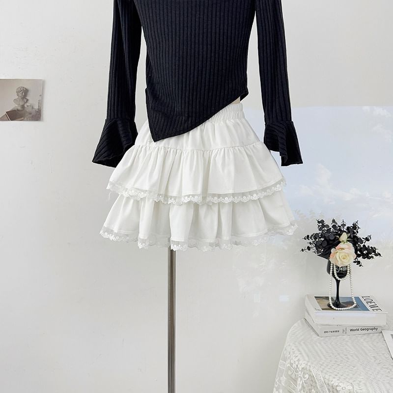 Elastic Waist Plain Lace Trim Tiered Mini A-Line Skirt
