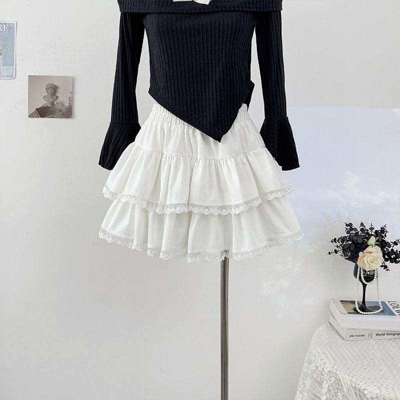Elastic Waist Plain Lace Trim Tiered Mini A-Line Skirt