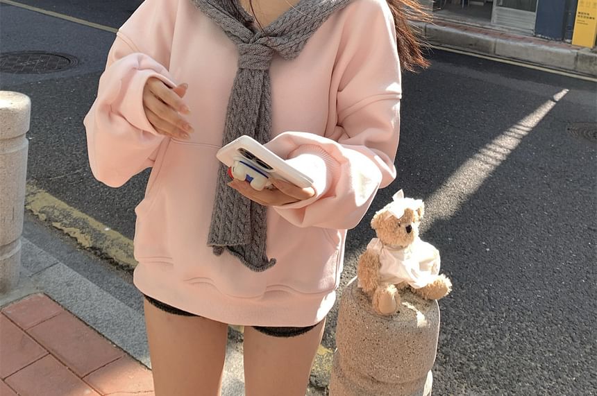 Cable Knit Hoodie with Tie Neck Panel