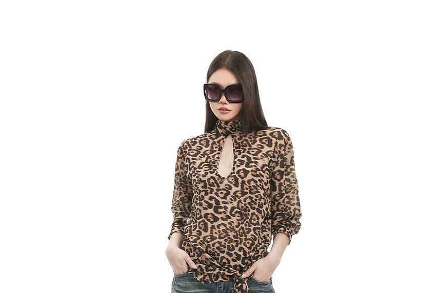Leopard Print Cutout Long-Sleeve Top