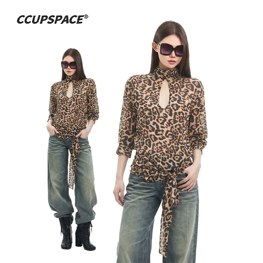 Leopard Print Cutout Long-Sleeve Top