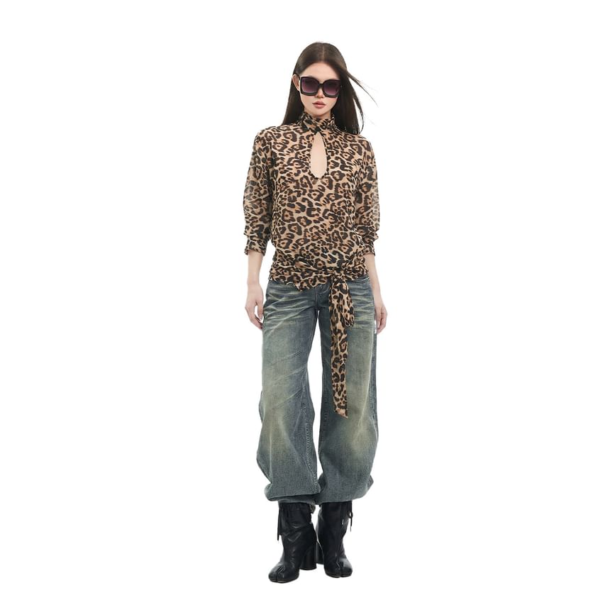 Leopard Print Cutout Long-Sleeve Top