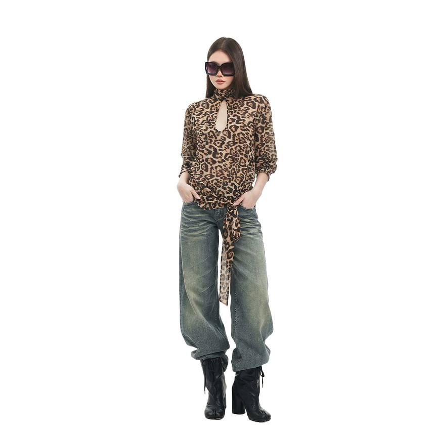 Leopard Print Cutout Long-Sleeve Top