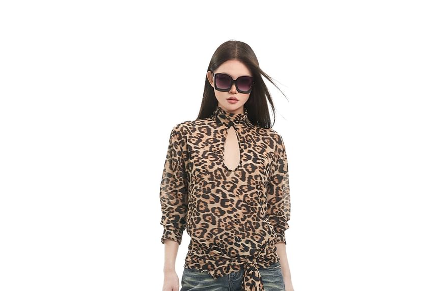 Leopard Print Cutout Long-Sleeve Top