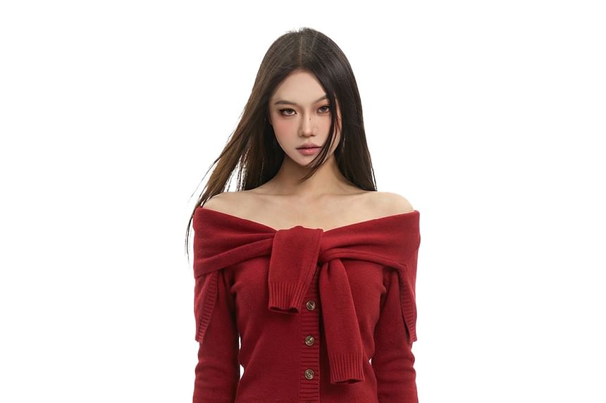 Off-Shoulder Button-Up Crop Knit