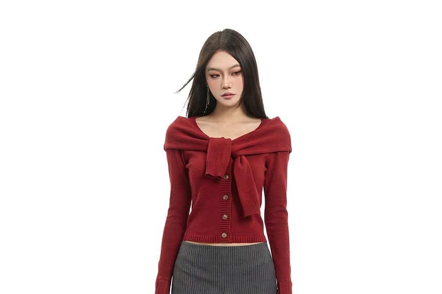 Off-Shoulder Button-Up Crop Knit