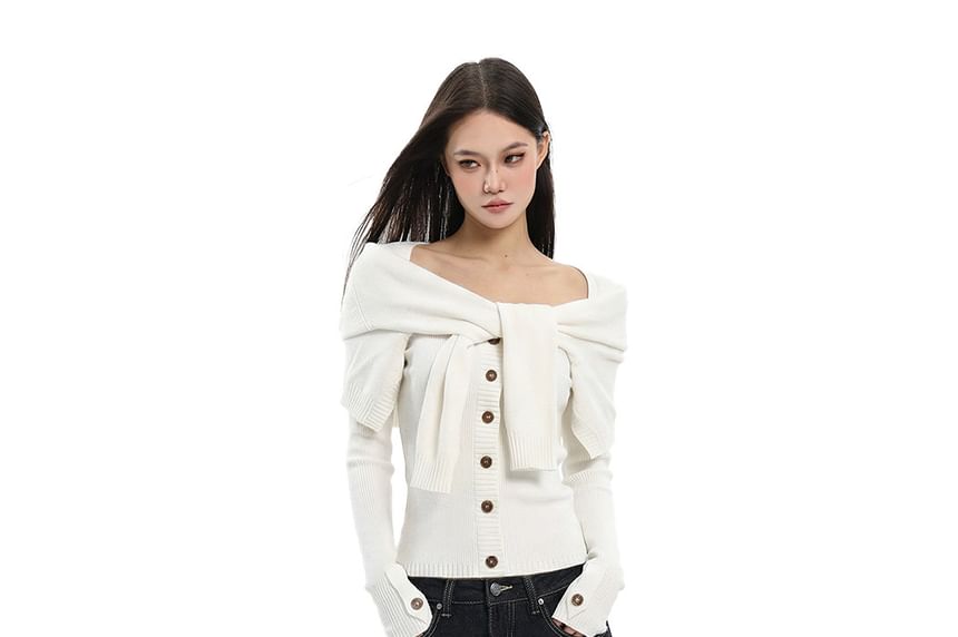 Off-Shoulder Button-Up Crop Knit