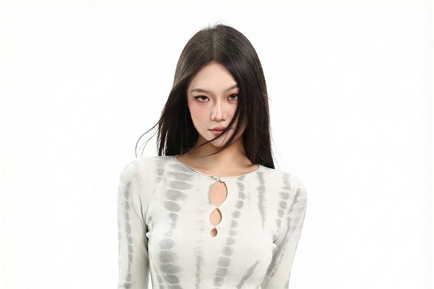 Tie-Dye Cutout Crop Tee with Long Sleeves