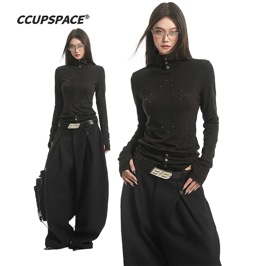 Turtleneck Knit Top with Long Sleeves