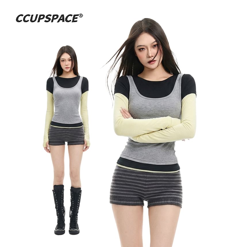 Crewneck Color Panel Crop Tee with Long Sleeves