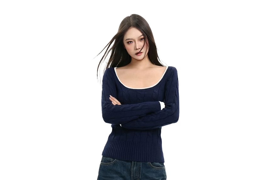 Scoop Neck Crop Knit with Contrast Trim