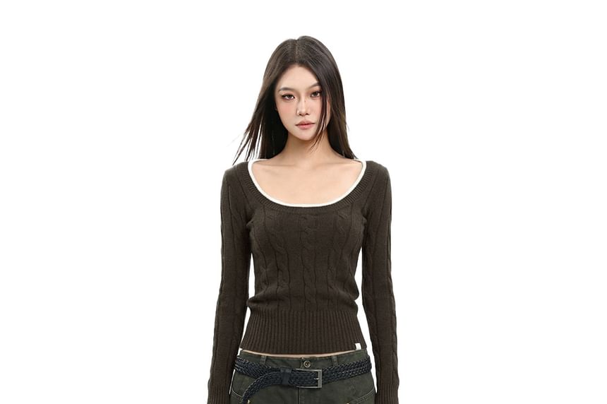 Scoop Neck Crop Knit with Contrast Trim