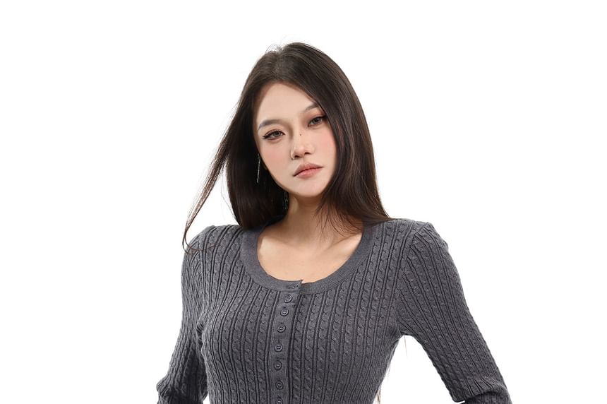 Half-Button Pom Pom Crop Knit