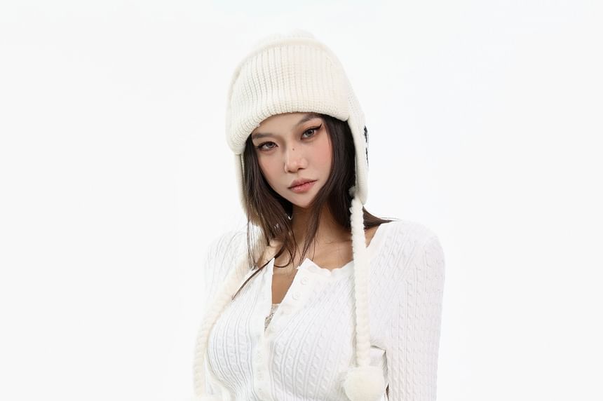 Half-Button Pom Pom Crop Knit