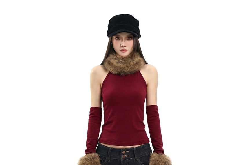 Set: Faux Fur Trim Tank + Arm Sleeves