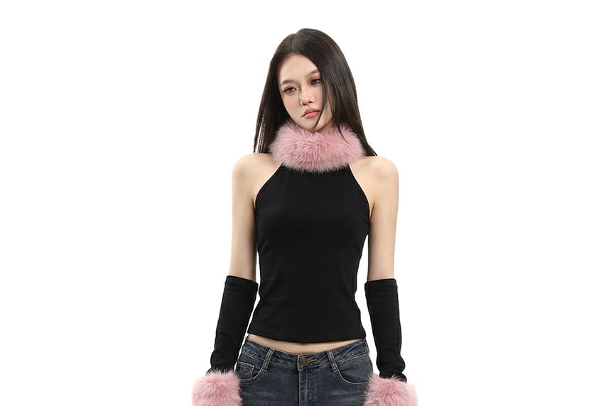 Set: Faux Fur Trim Tank + Arm Sleeves