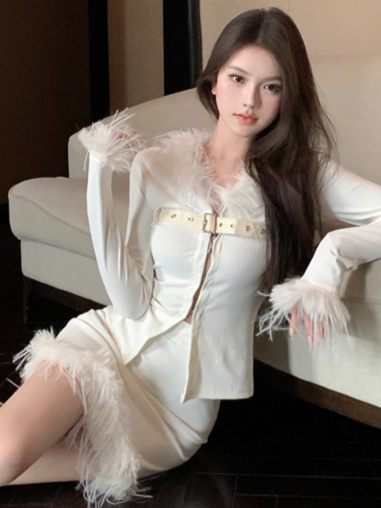 Fluffy Trim Belted Slit Top and Mini Skirt Set