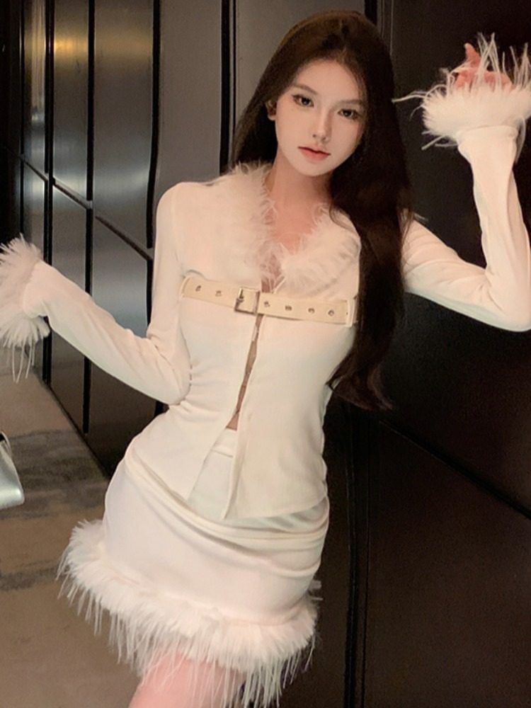 Fluffy Trim Belted Slit Top and Mini Skirt Set